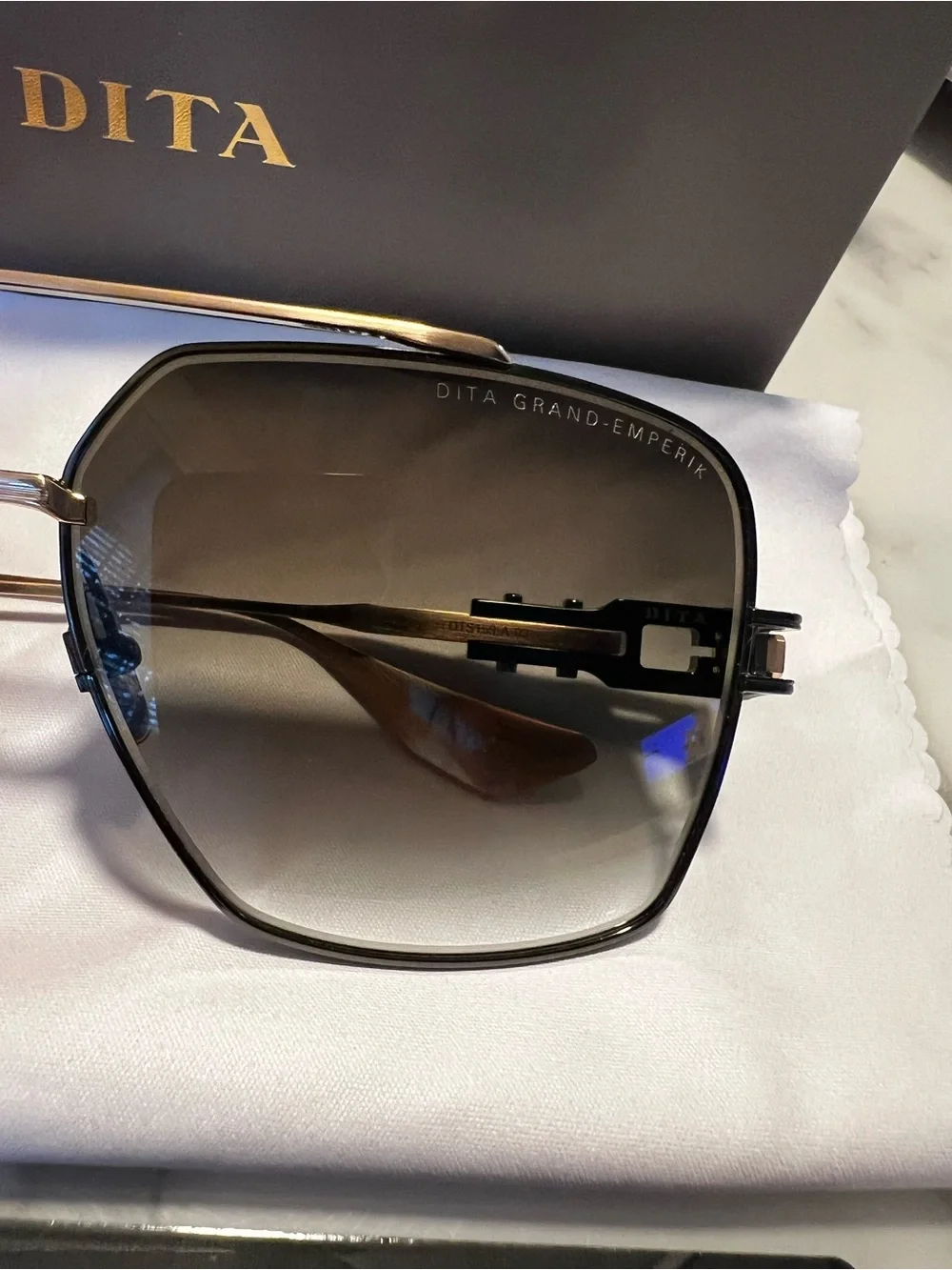 DITA Black & Gold Rectangular Aviator Sunglasses